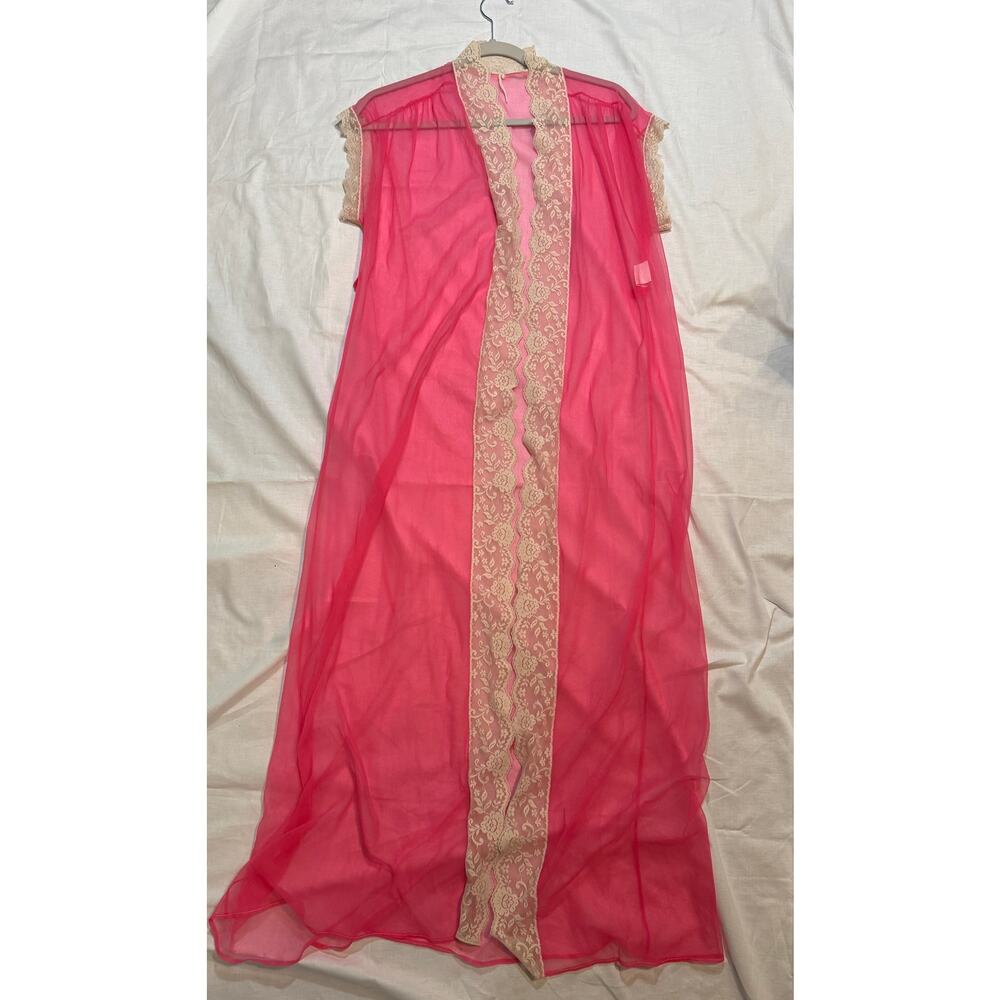 Vintage Union-Made Pink Sheer Open-Front Robe with Lace, Made in USA, L